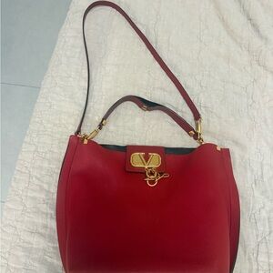 Valentino Garavani Red Leather Tote shoulder bag gold v-logo